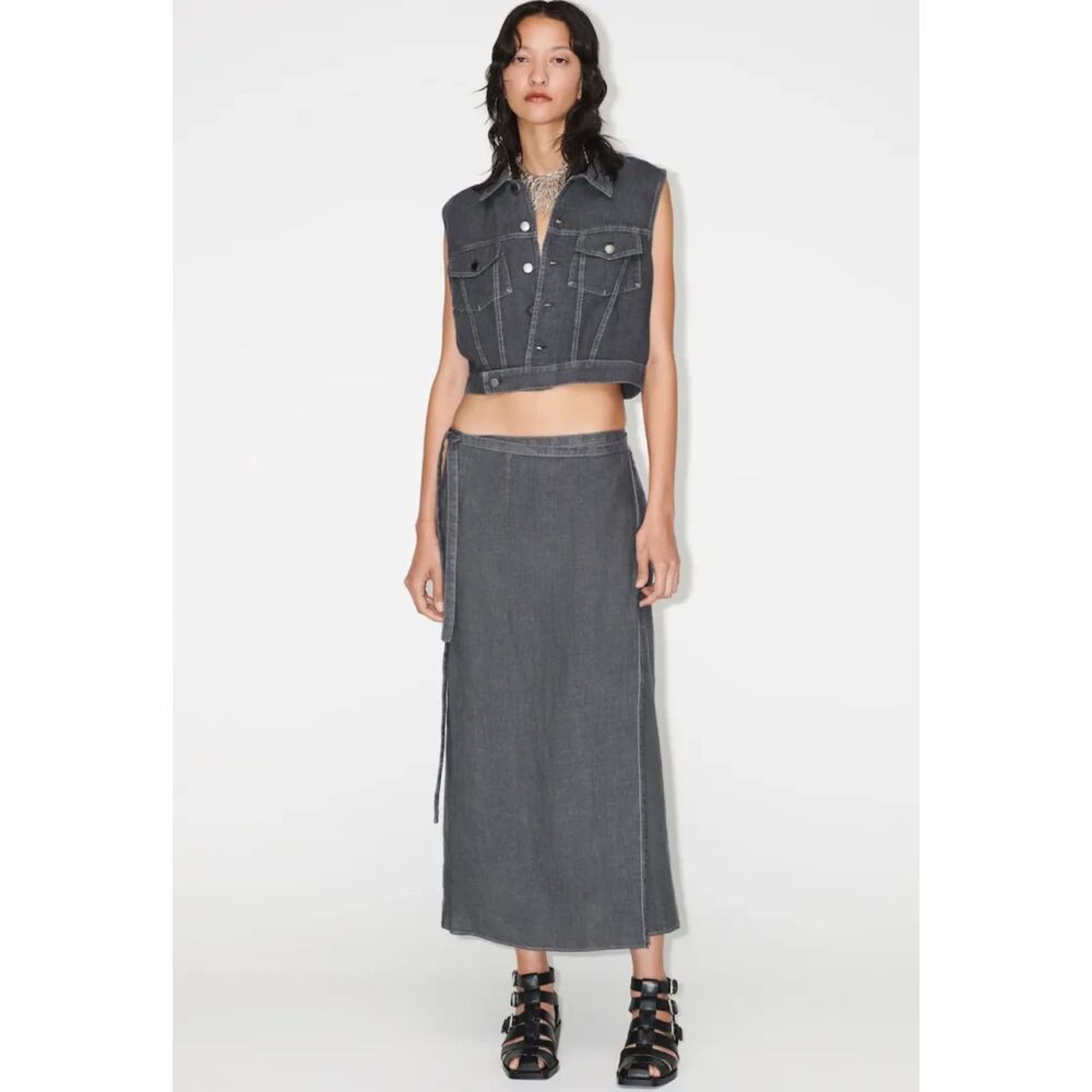 Dark Gray Zara Linen Tie-Waist Maxi Wrap Skirt (NWT) - Picture 1 of 8